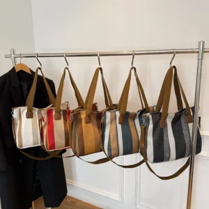 Canvas Stripe Square Tote Bag With Sewing Thread Detail for Women